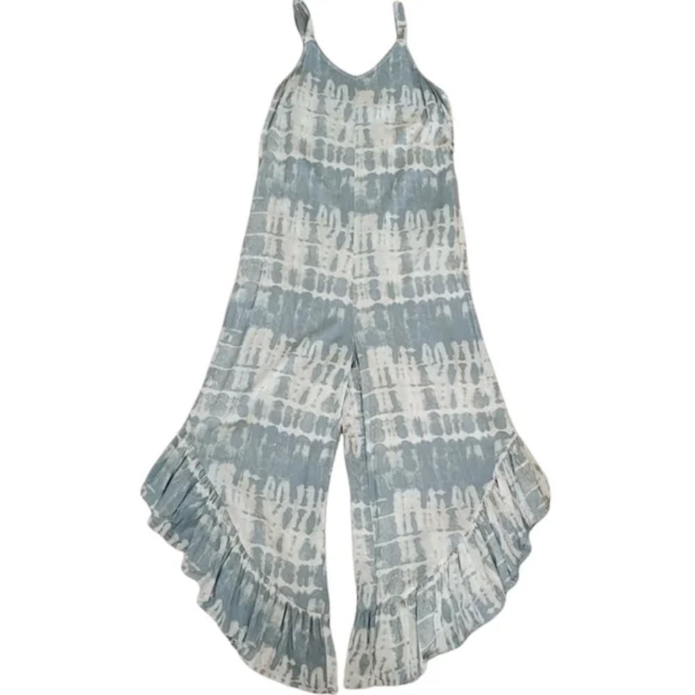 Japna | NWOT Slate & White Tie Dye Wide Ruffle Hem Leg Sleeveless Jumpsuit